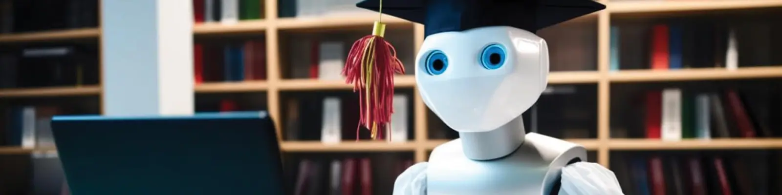 Robot using a laptop while wearing a graduation cap