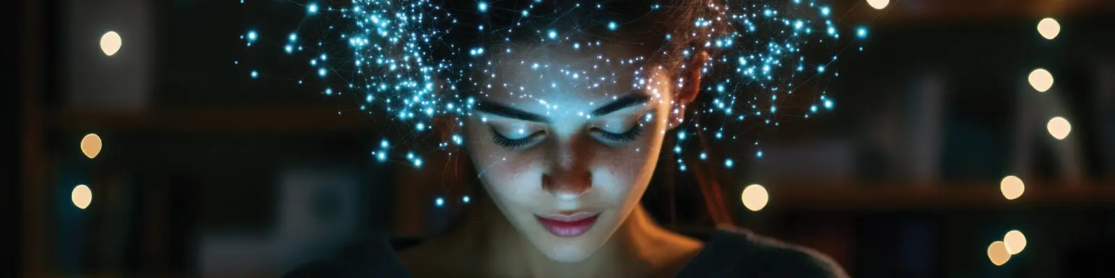 Woman reading book while digital lights float around her head